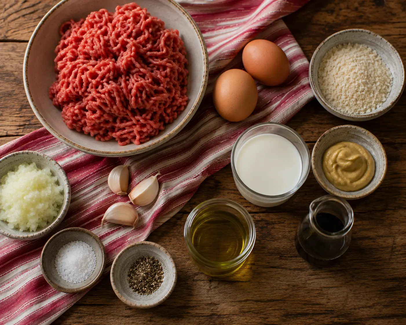 Ingrédients des boulettes de bœuf haché au four prêts à être cuisinés
