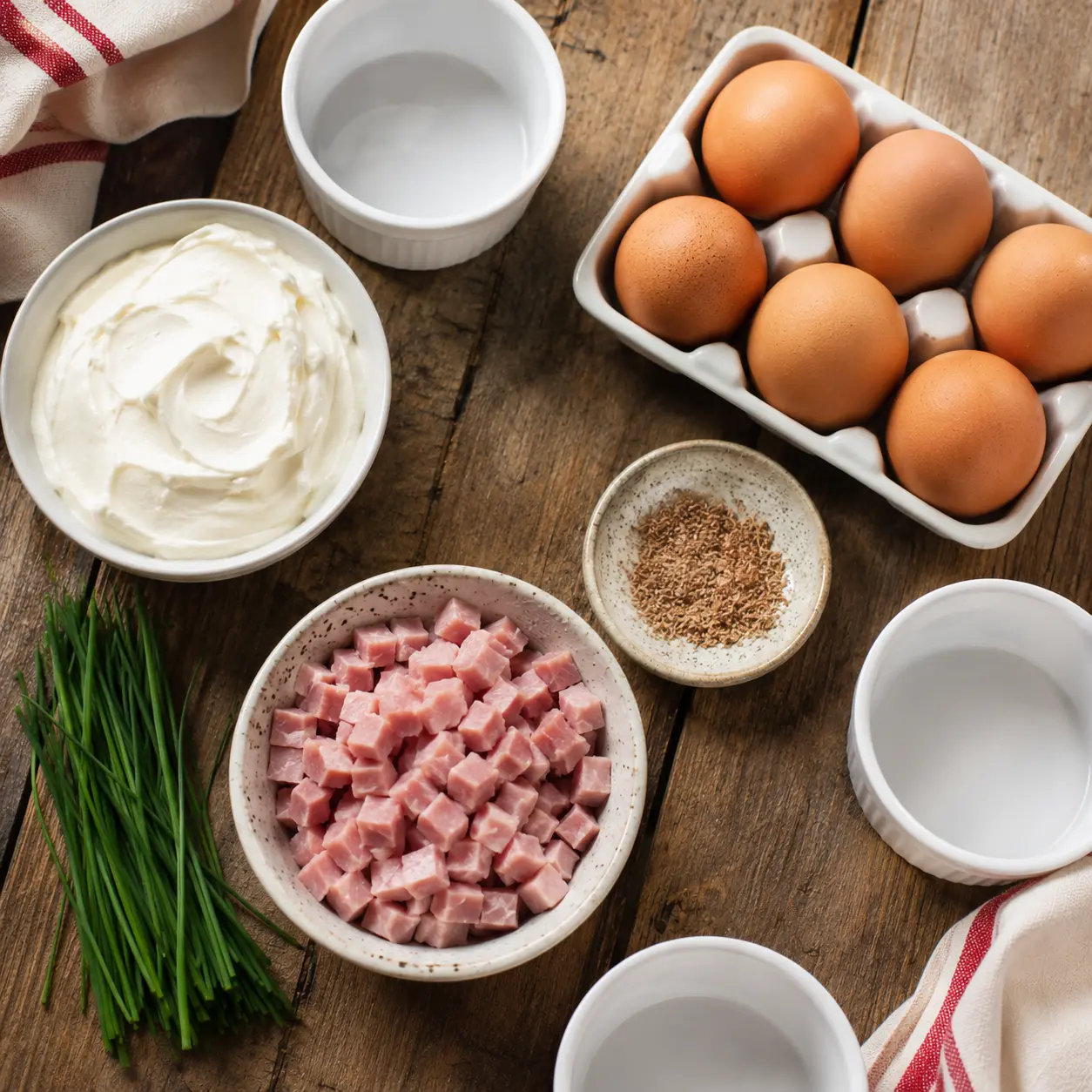 Œufs, crème fraîche et garniture pour œufs cocotte au four