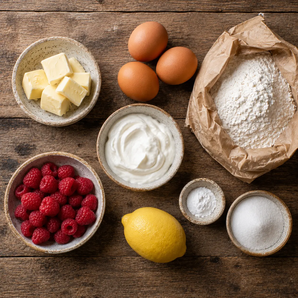 Beurre, œufs, yogourt grec, farine et framboises fraîches pour les muffins