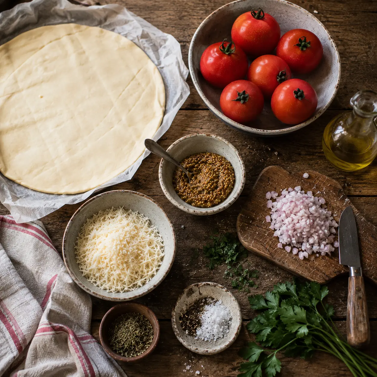 Ingrédients de la tarte à la tomate et à la moutarde prêts à être assemblés