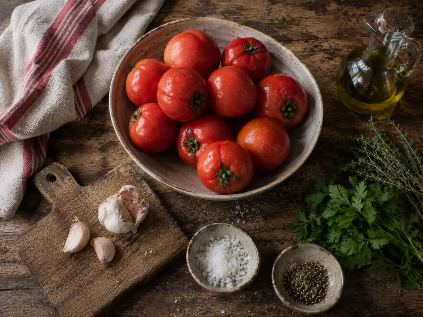 Ingrédients des tomates provençales prêts à être cuisinés