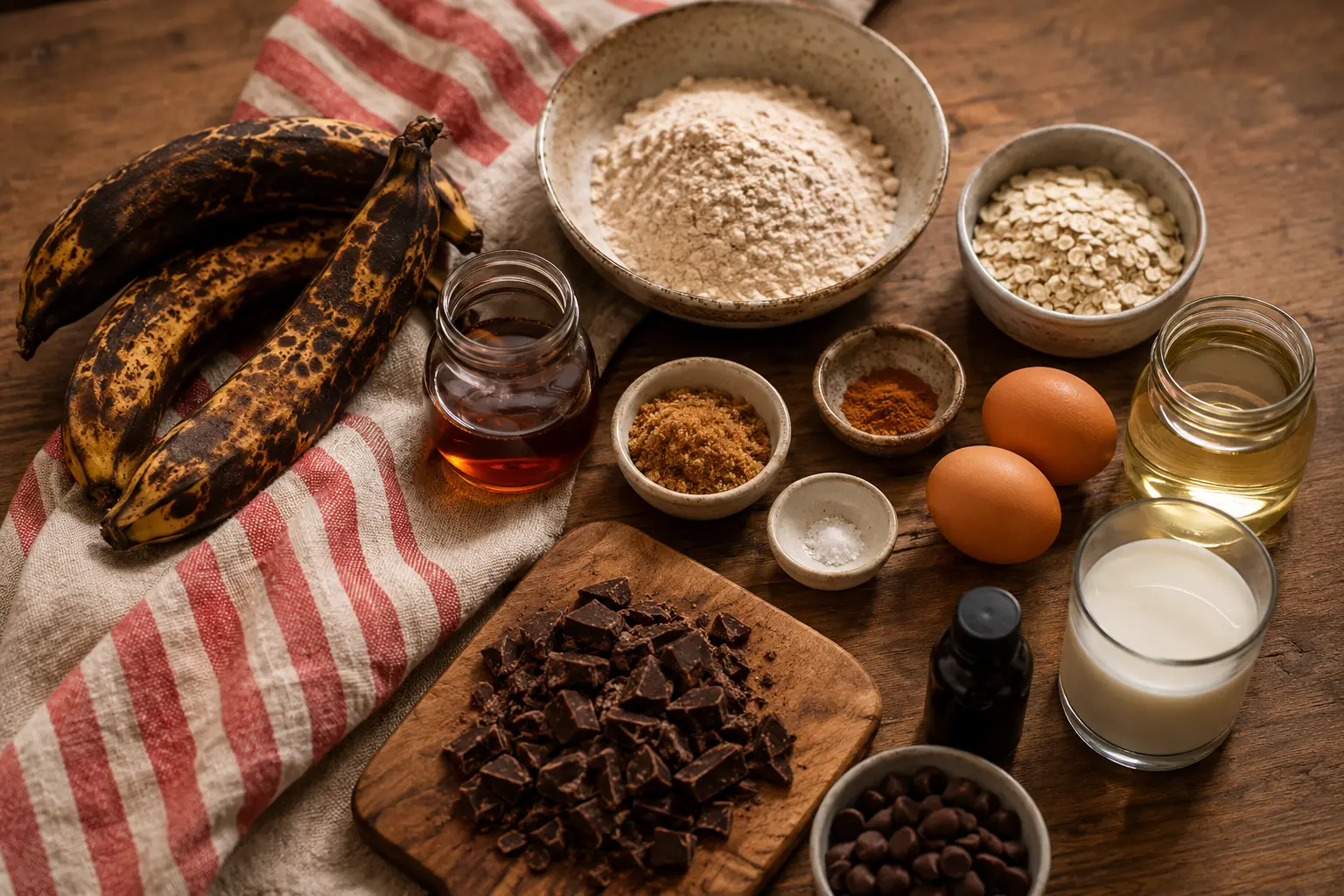 Ingrédients des muffins banane chocolat prêts à être cuisinés