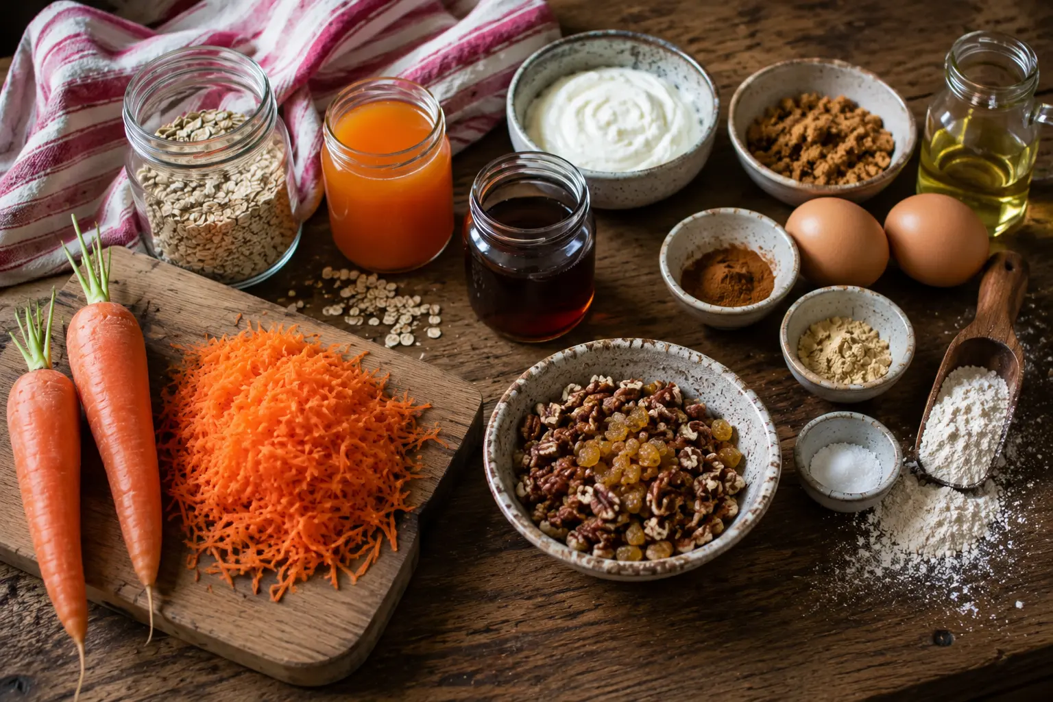 Ingrédients des muffins aux carottes prêts à être cuisinés