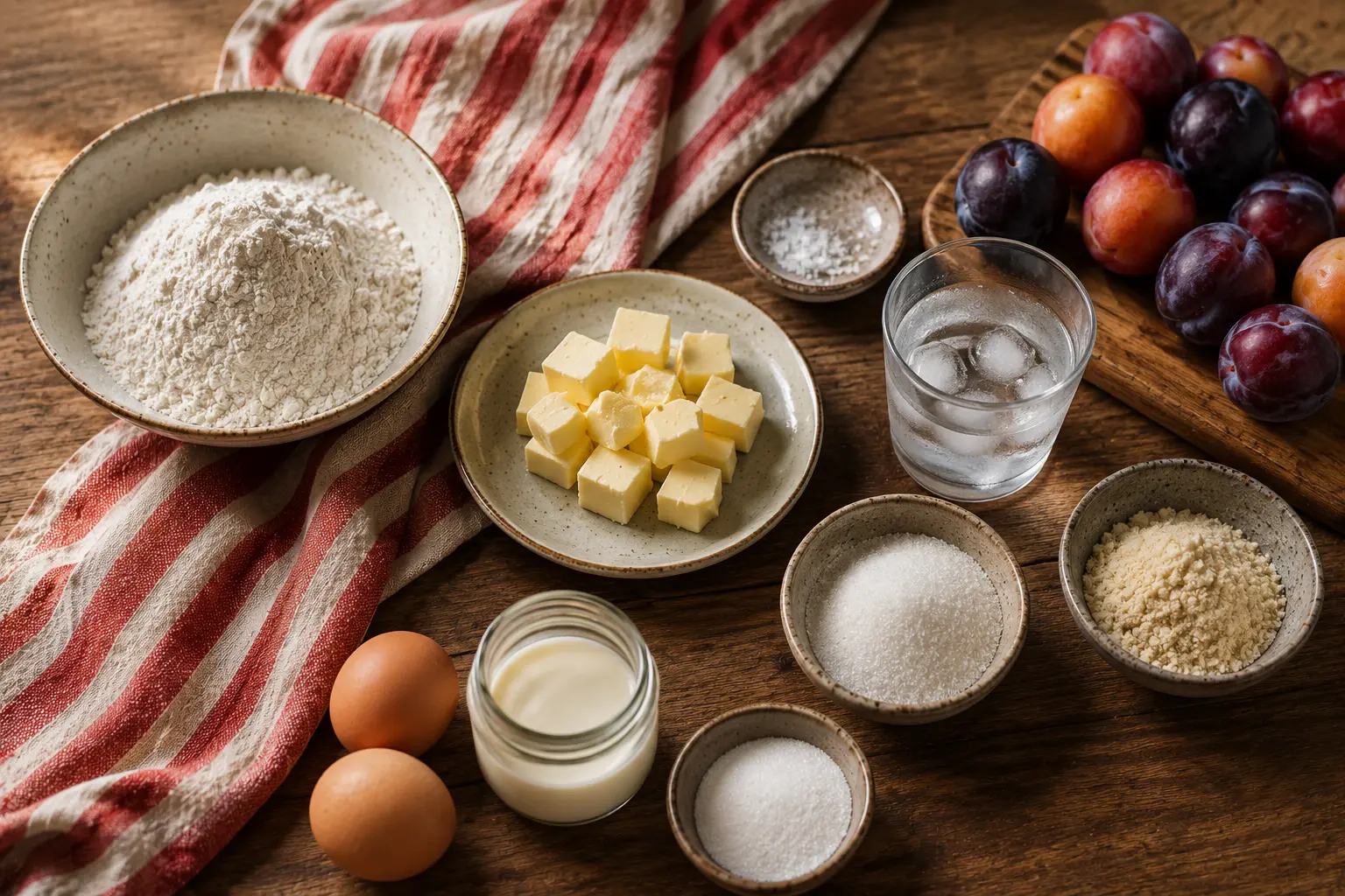 Ingrédients de la tarte aux prunes prêts à être cuisinés