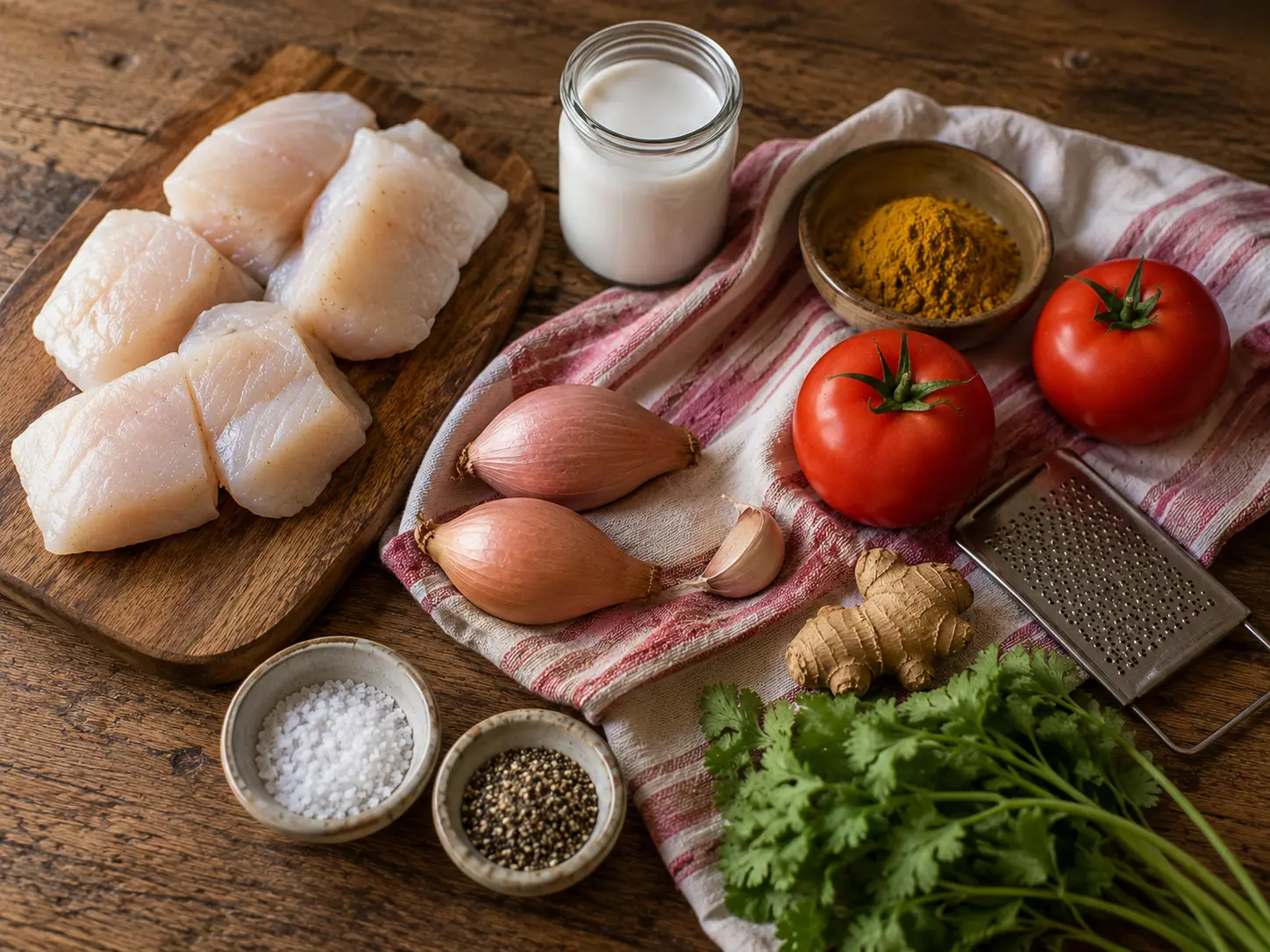 Ingrédients de la lotte au curry et au lait de coco prêts à être cuisinés