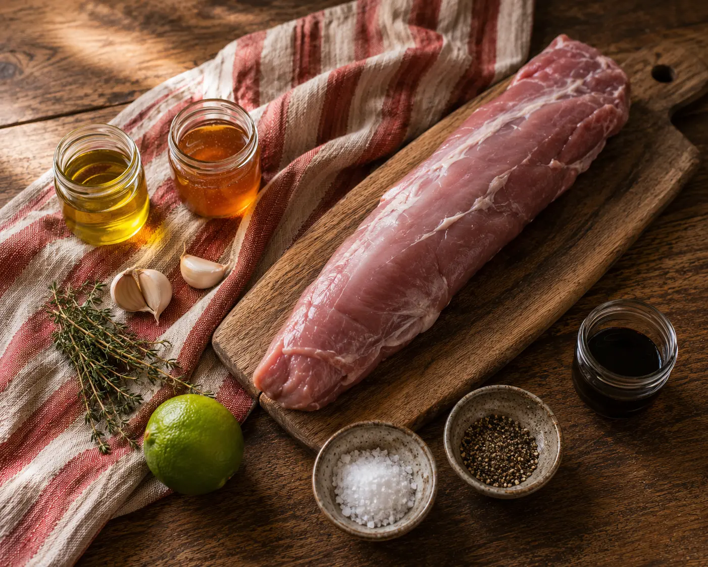 Ingrédients du filet mignon de porc mariné prêts à être cuisinés