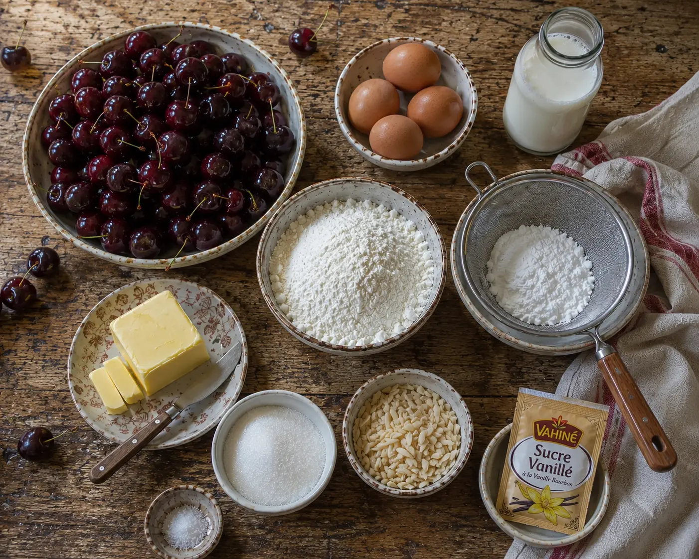 Ingrédients du clafoutis aux cerises prêts à être mélangés