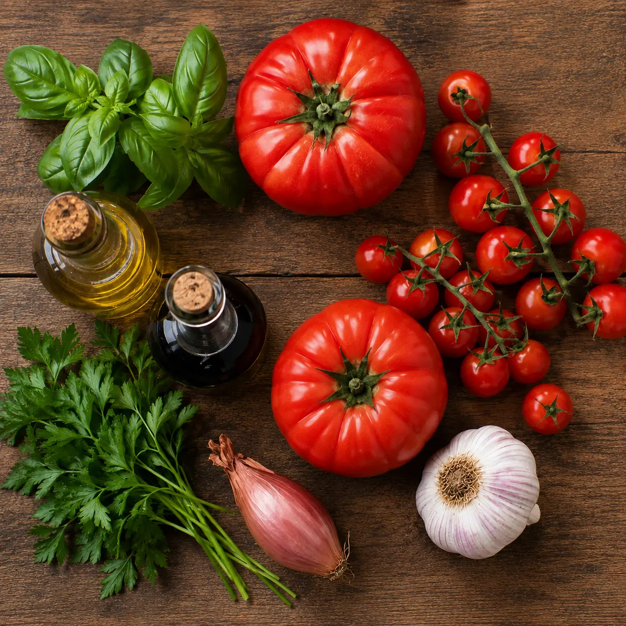 Tomates mûres, ail, huile d'olive et herbes fraîches pour la salade