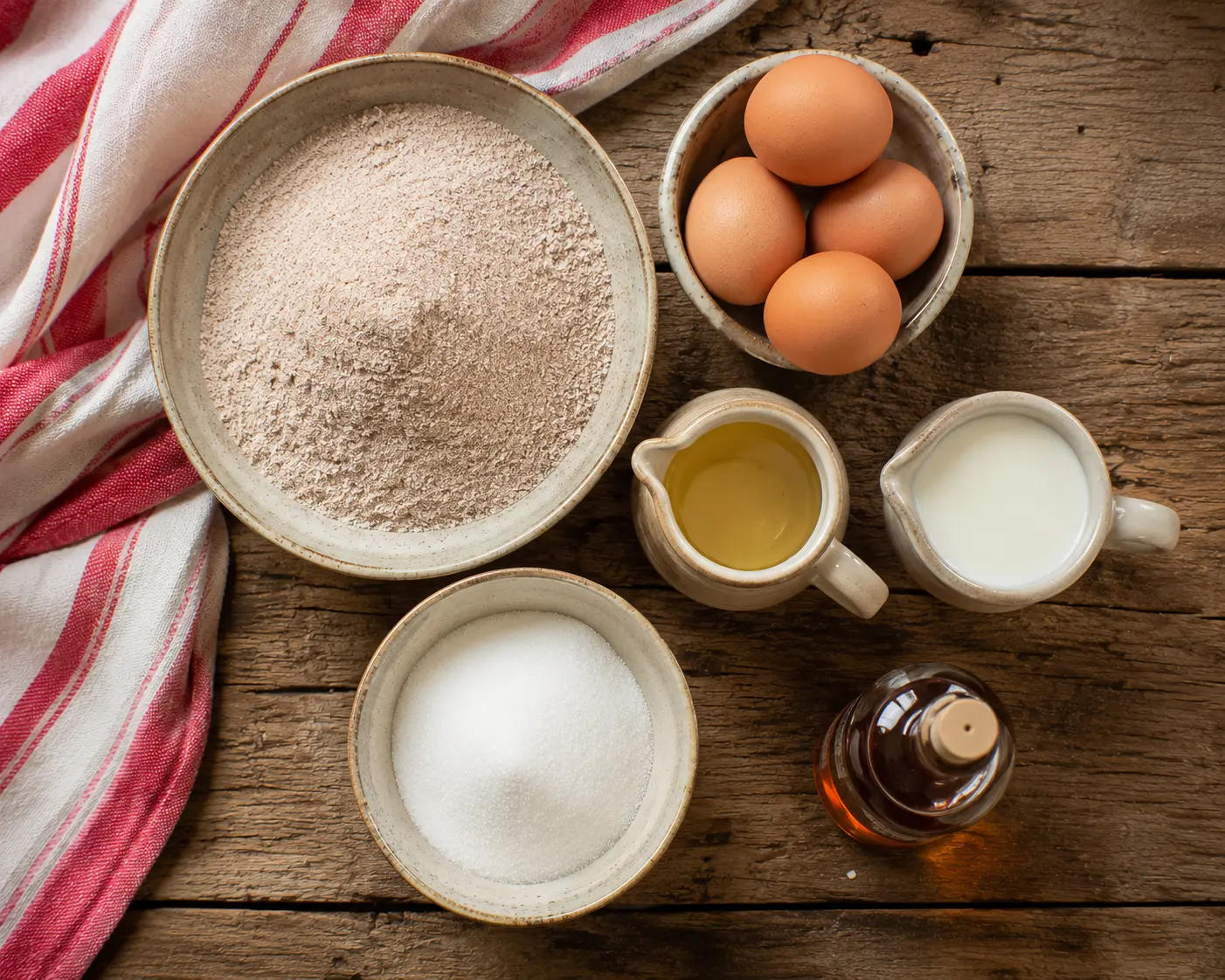 Farine de châtaigne, œufs, sucre, huile et lait pour le gâteau