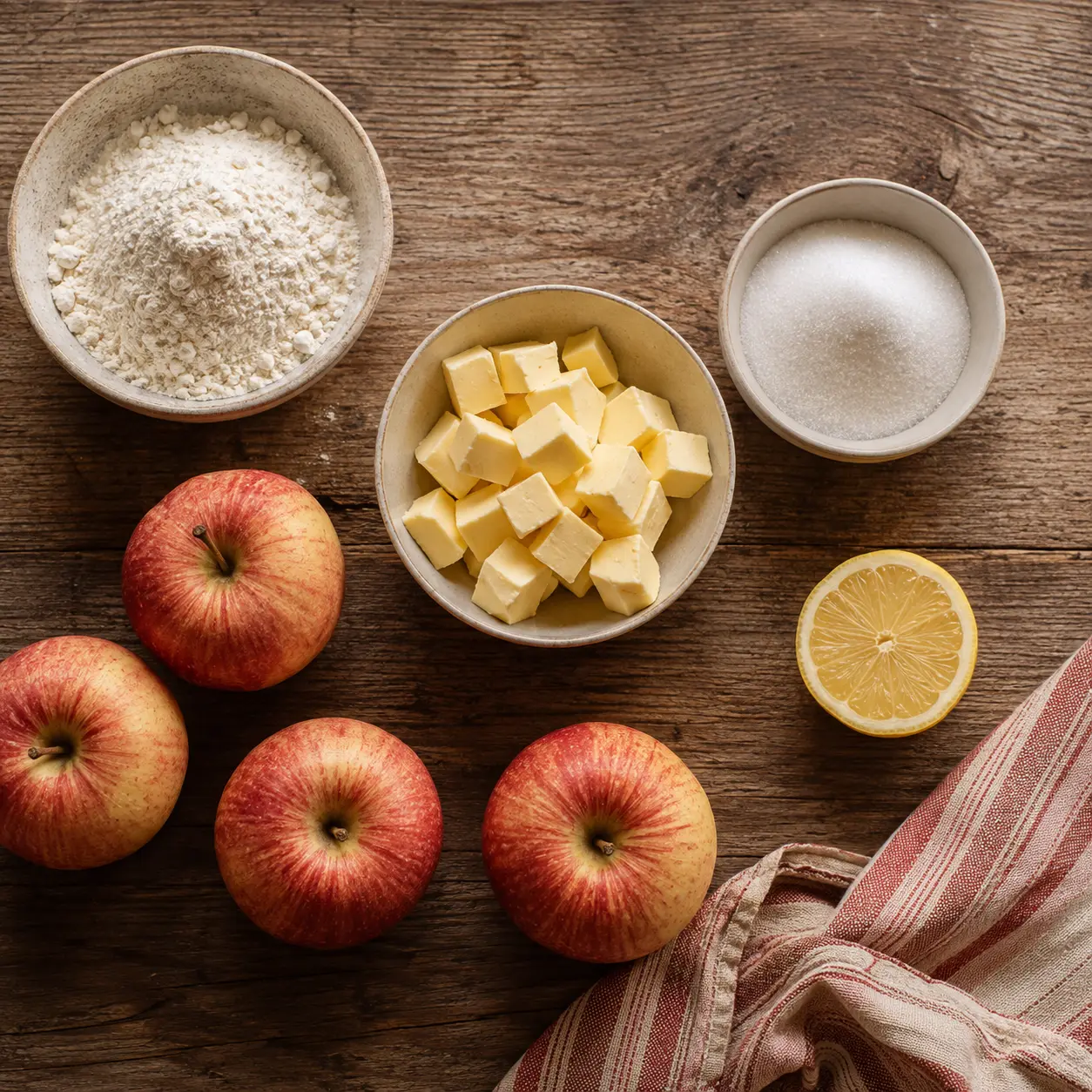 Pommes, farine, beurre froid et sucre pour le crumble