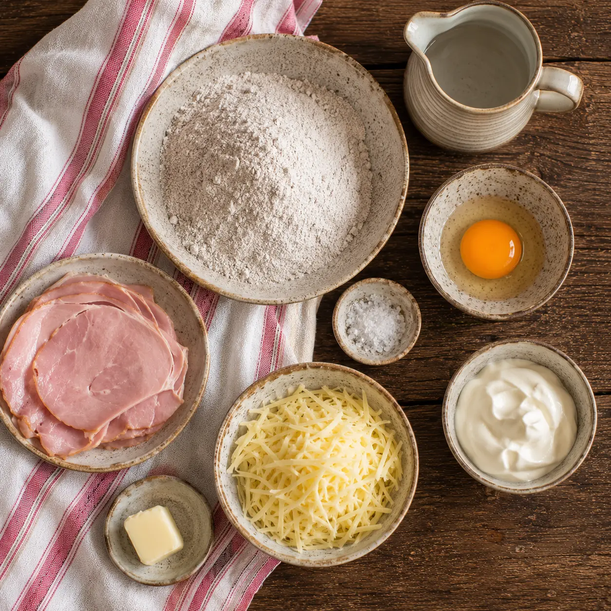 Ingrédients pour galette complète au sarrasin : farine de sarrasin, jambon, œuf, fromage