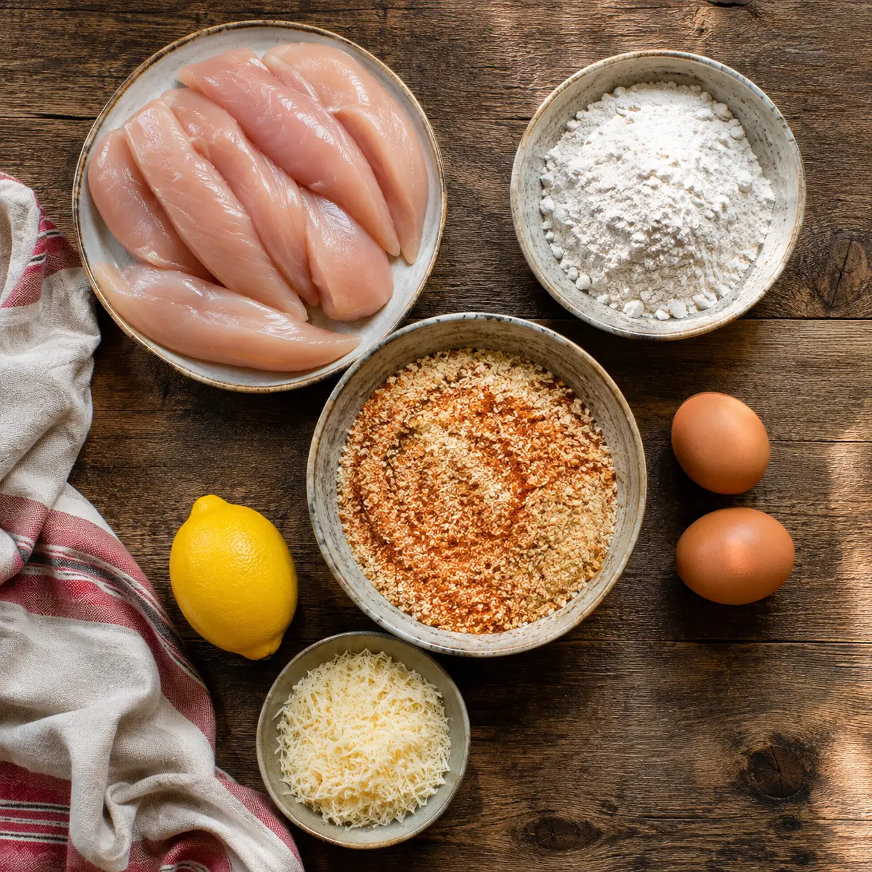 Aiguillettes de poulet, farine, œufs, chapelure et citron