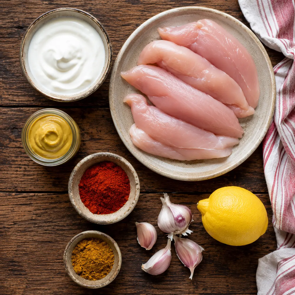 Aiguillettes de poulet, yaourt, moutarde et épices pour la marinade
