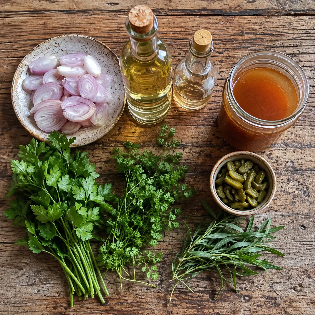 Échalotes, vin blanc, vinaigre, fond brun et cornichons pour la sauce