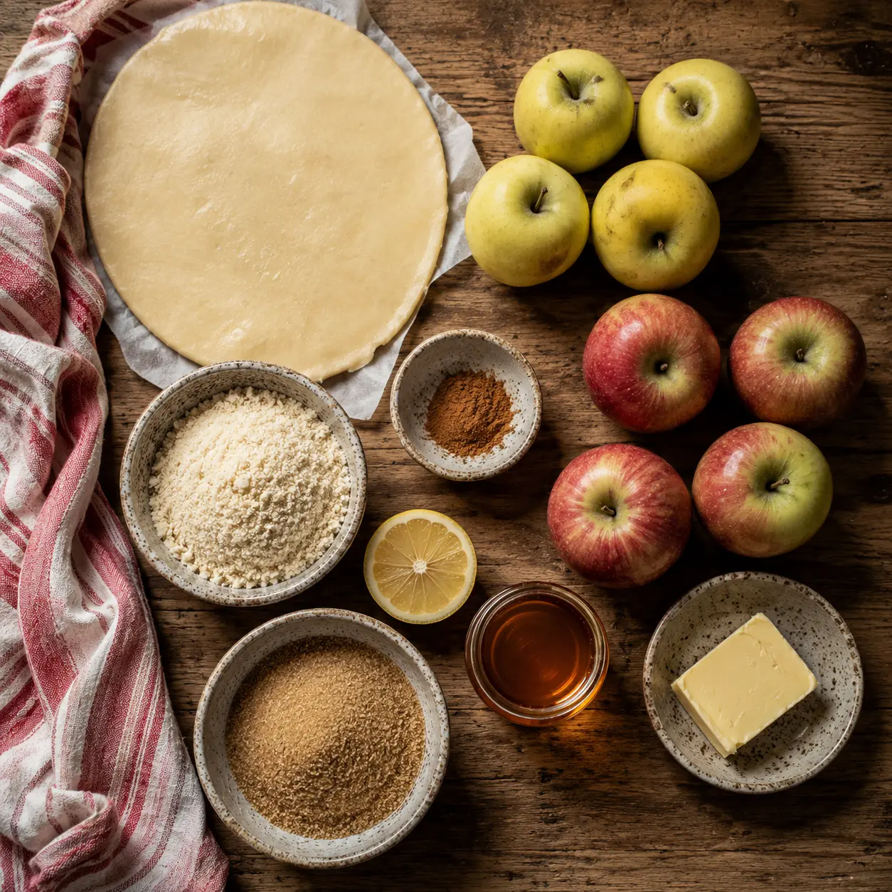 Pâte brisée, pommes, poudre d'amande et beurre pour la tarte