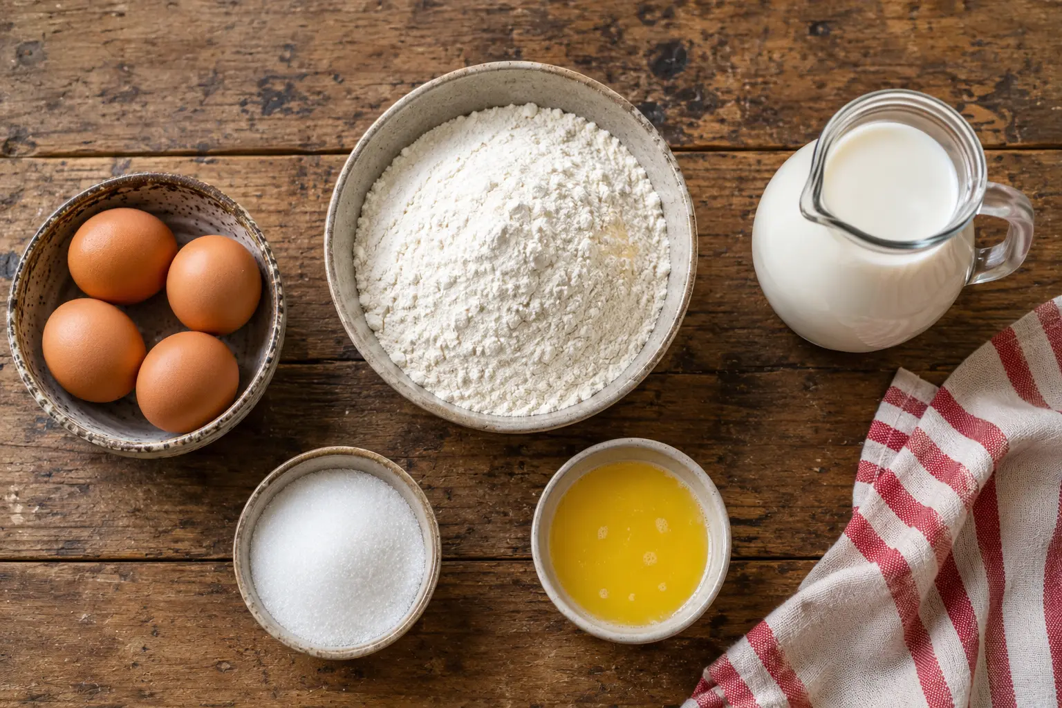 Farine, œufs, lait et beurre fondu pour les gaufres de grand-mère