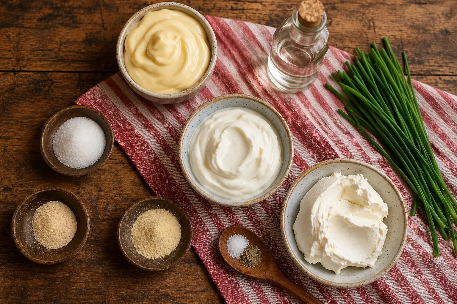 Mayonnaise, crème fraîche, fromage frais et ciboulette pour la sauce