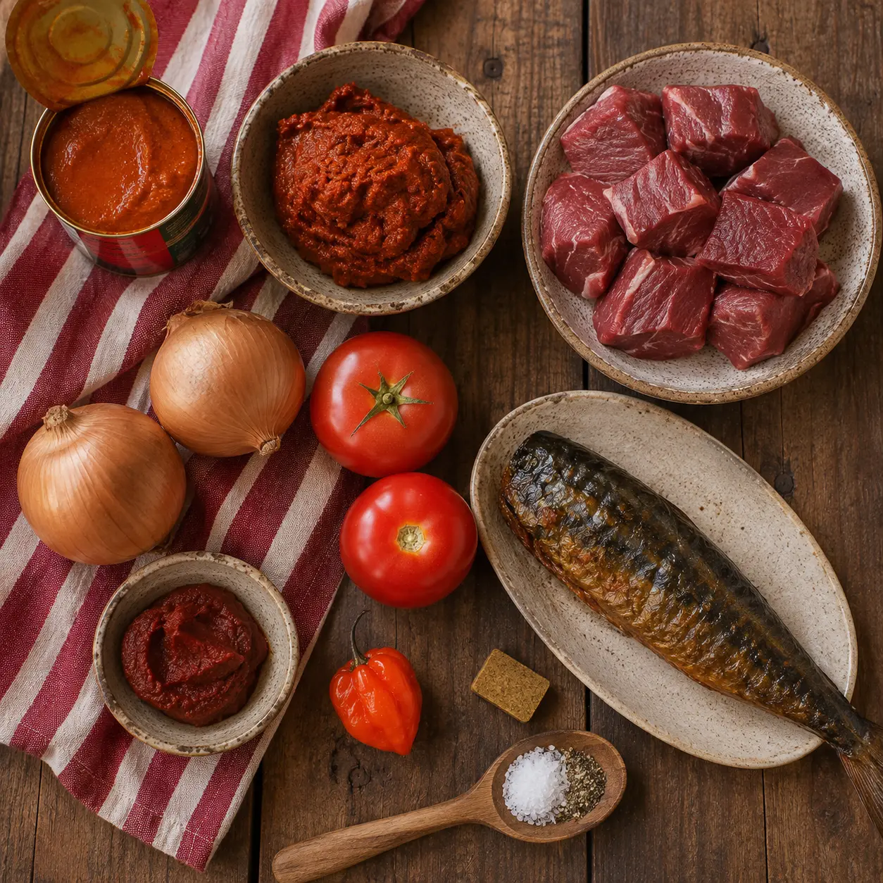 Pâte de graine de palme, viande, tomates et poisson fumé pour la sauce