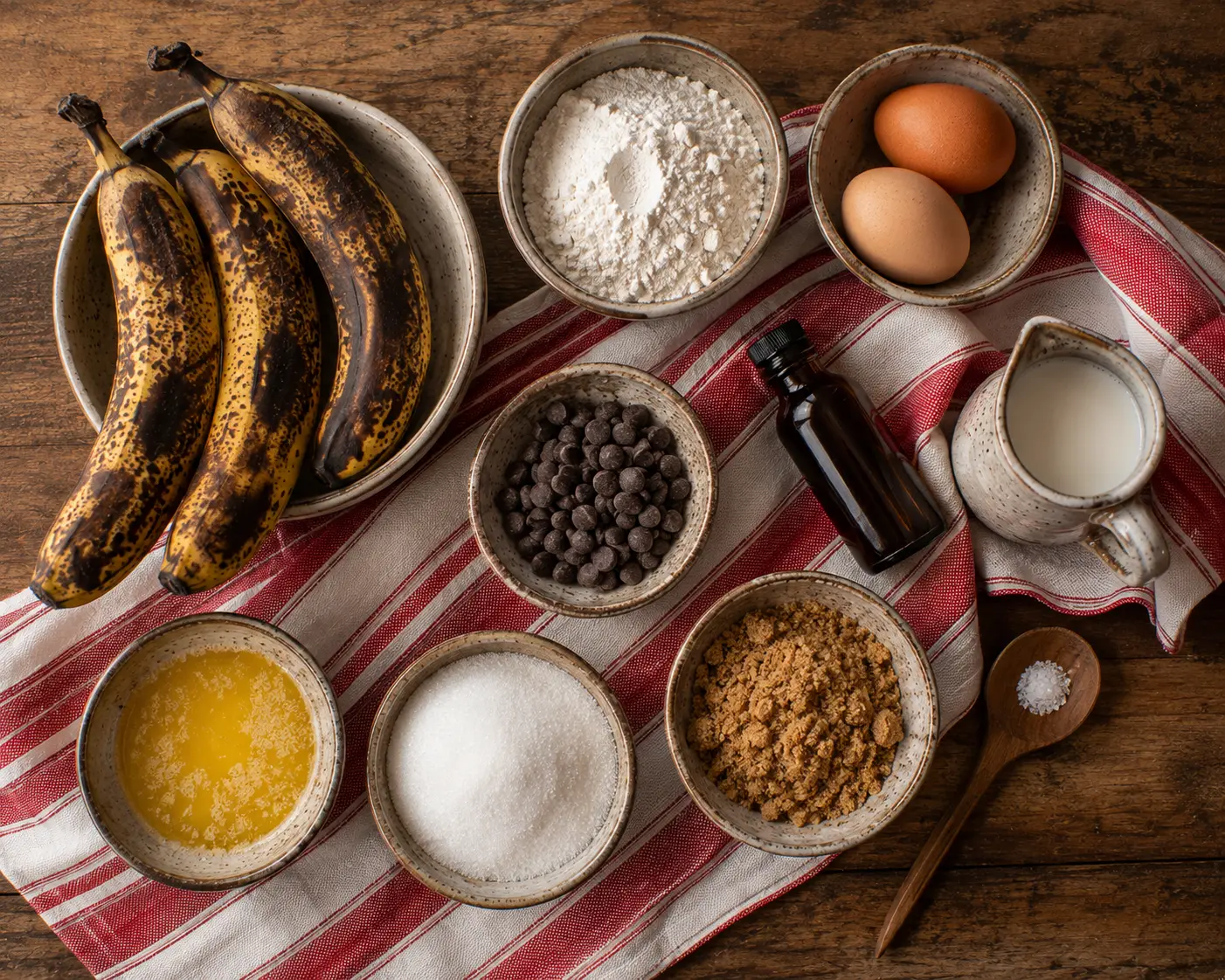 Ingrédients pour le banana bread avec bananes mûres et pépites de chocolat