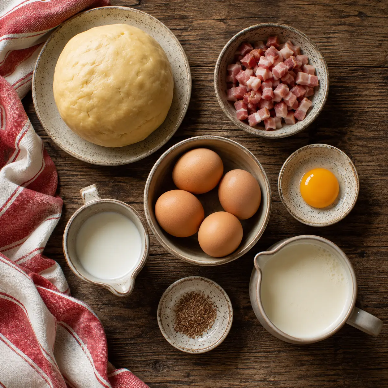 Pâte brisée, lardons, œufs, crème et lait pour la quiche lorraine