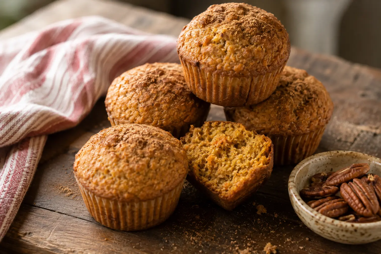 Muffins aux carottes extra moelleux disposés sur une planche en bois
