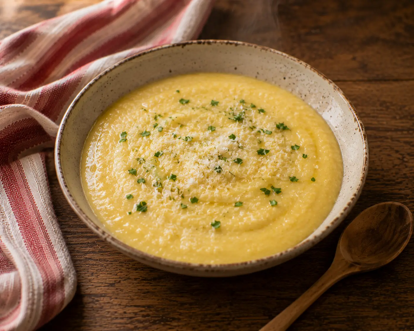 Polenta crémeuse aux herbes servie dans un bol avec parmesan