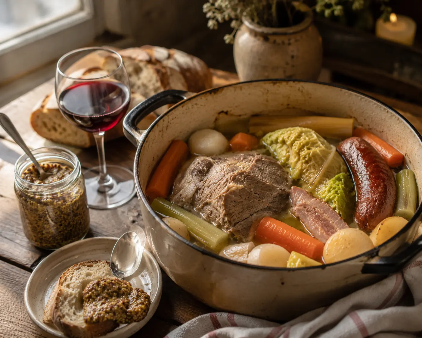Table de service avec cocotte, vin et moutarde à l'ancienne
