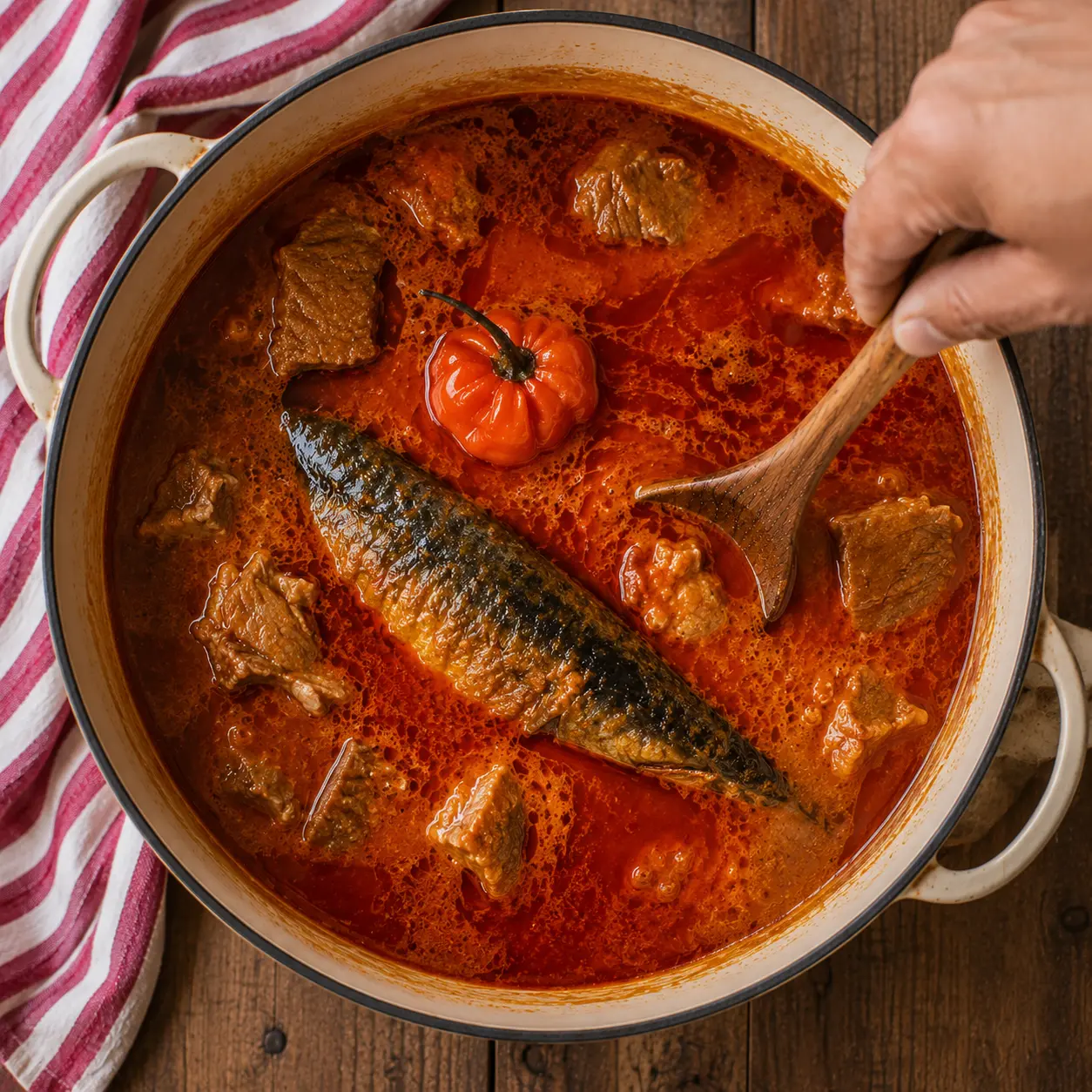 Sauce graine mijotant avec viande et poisson fumé, huile brillante en surface