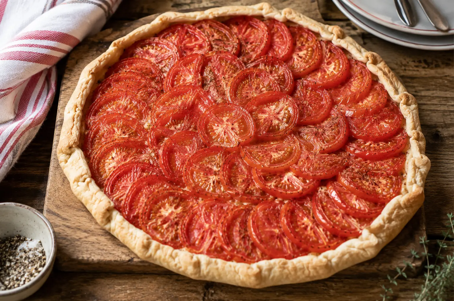 Tarte à la tomate et à la moutarde tout juste sortie du four, tomates disposées en rosace