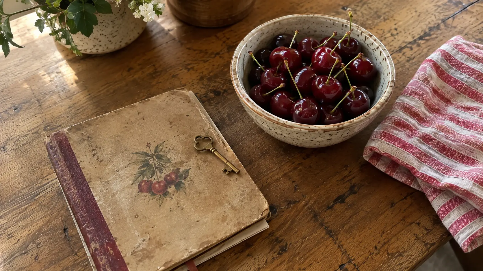 Carnet de recettes fermé avec une petite clé en laiton sur une table en bois