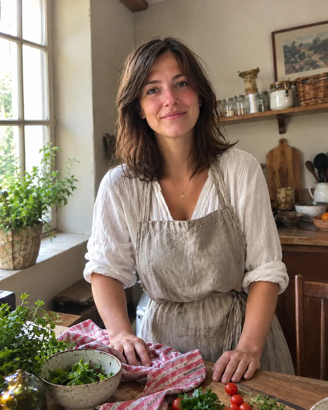 Camille Fontaine, cuisinière, dans sa cuisine avec un tablier en lin