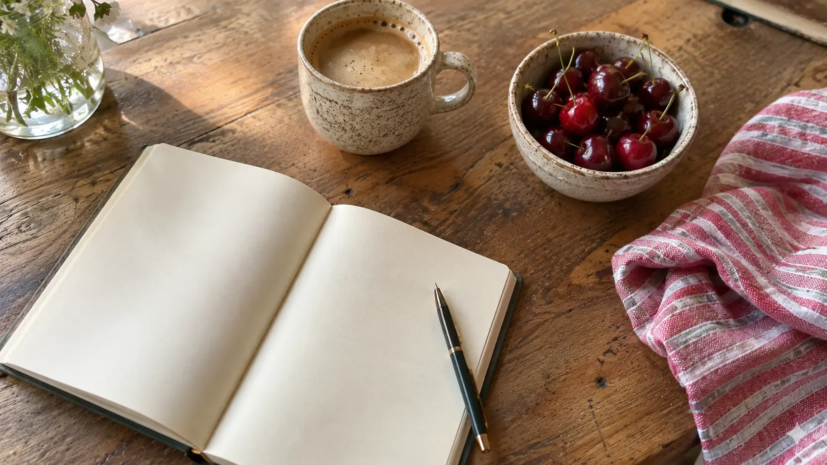 Table de cuisine en bois avec un carnet vierge, une tasse et des cerises